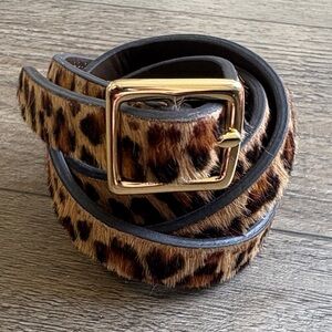 Leopard Print Ponyhair Skinny Belt w Gold Square Buckle Calfhair Thin Waist Belt